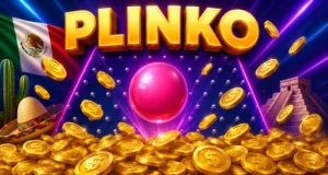 Banner de Plinko con bola rosa y monedas doradas